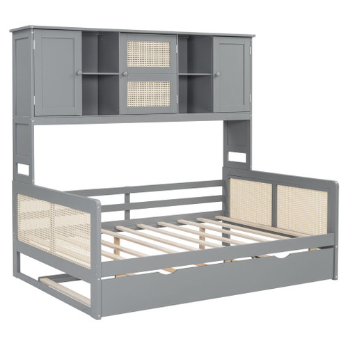 Full Size Wooden Daybed & Twin Size Trundle, And All In One Cabinet And Shelf - Gray