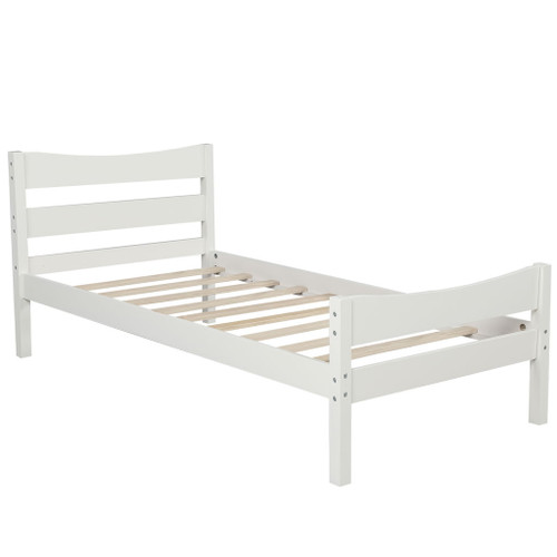 Twin Size Platform Bed With Headboard And Slat Support - White