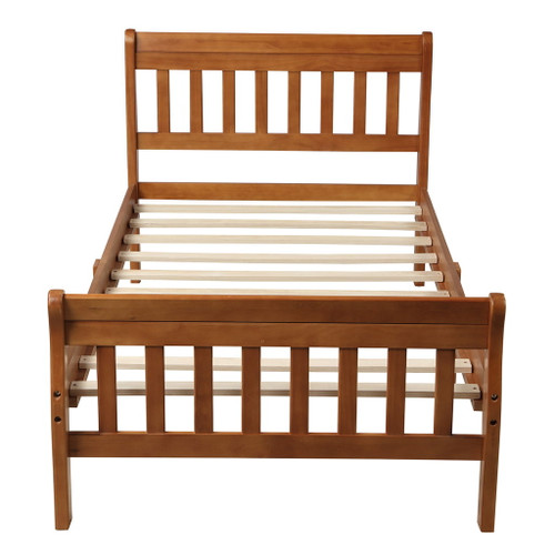 Twin Platform Bed, Mattress Foundation Sleigh Bed With Headboard, Footboard, Slat Support - Oak