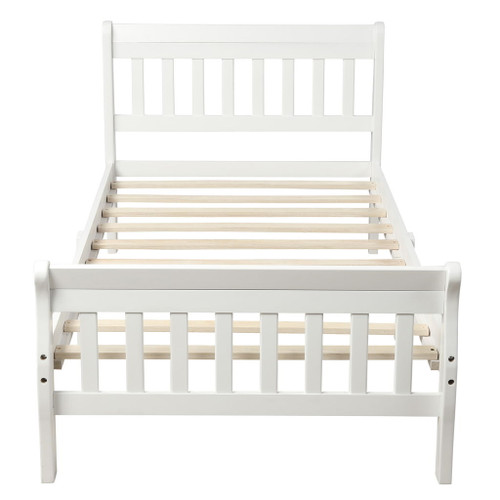 Twin Platform Bed, Mattress Foundation Sleigh Bed With Headboard, Footboard, Slat Support - White