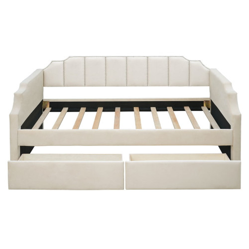 Twin Size Upholstered Classic Daybed With Drawers, Slat Support - Beige