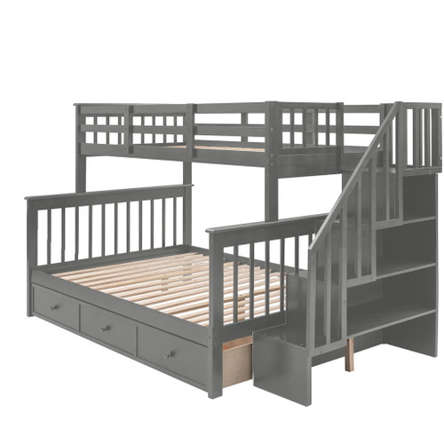 Twin Over Full Stairway Bunk Bed With Drawer, Storage And Guard Rail For Bedroom - Gray