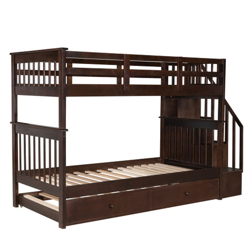 Twin Over Twin Stairway Bunk Bed With Twin Size Trundle For Bedroom - Espresso