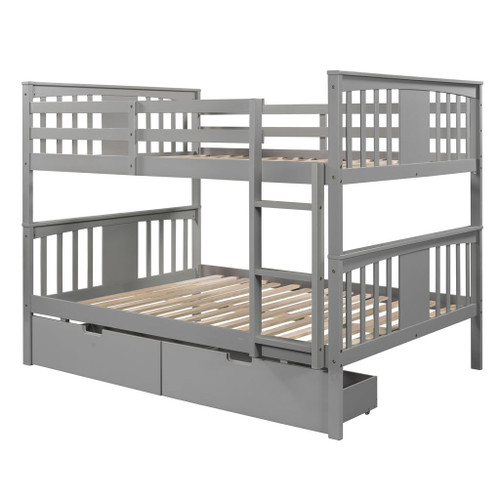 Full Over Full Bunk Bed With Drawers And Ladder For Bedroom - Gray