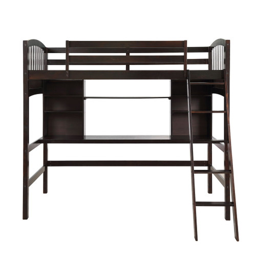 Twin Size Loft Bed With Storage Shelves, Desk And Ladder - Espresso