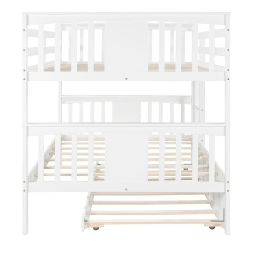 Full Over Full Bunk Bed With Twin Size Trundle And Ladder - White