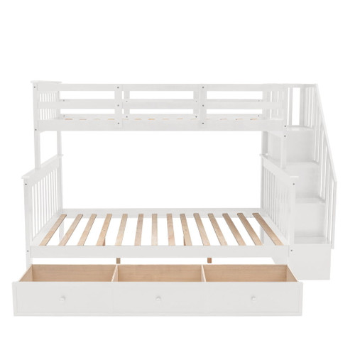 Twin Over Full Stairway Bunk Bed With Drawer, Storage And Guard Rail For Bedroom - White