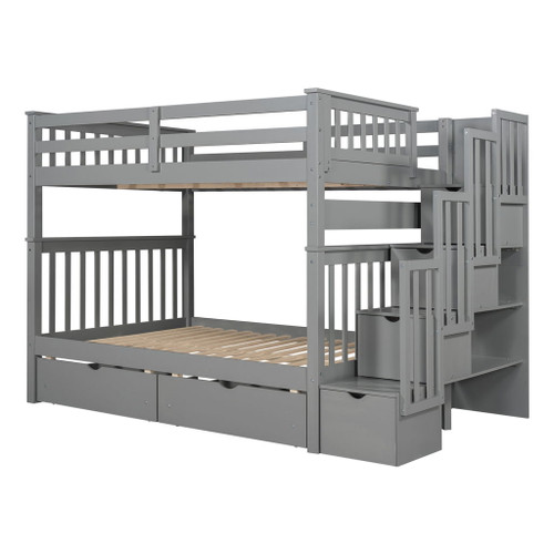 Full Over Full Bunk Bed With Shelves And 6 Storage Drawers - Gray
