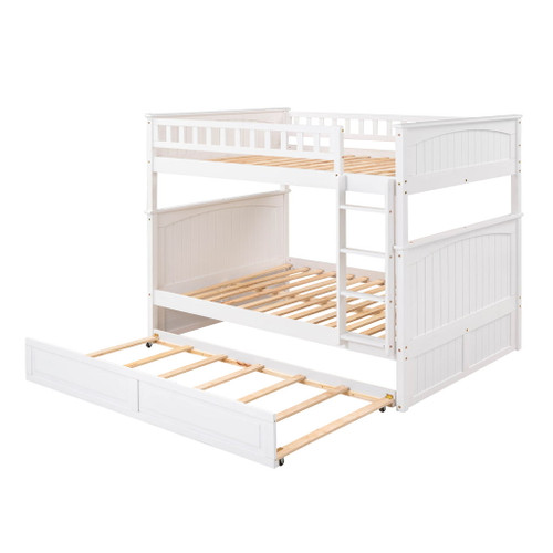 Full Over Full Bunk Bed With Twin Size Trundle, Guardrails - White