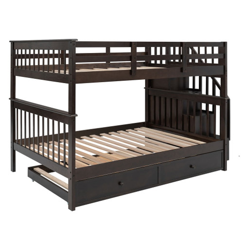 Full Over Full Stairway Bunk Bed With Twin Size Trundle, Storage And Guard Rail For Bedroom - Espresso