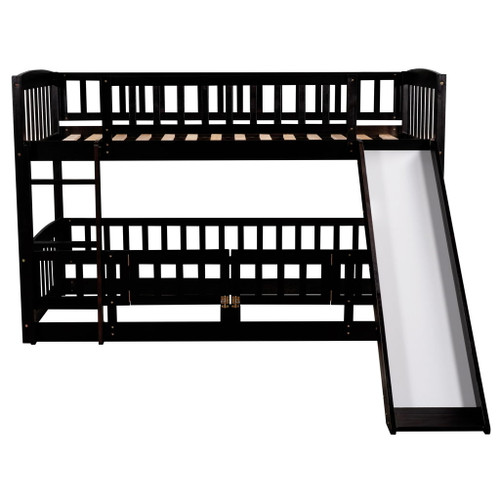 Twin Over Twin Low Bunk Bed With Slide, Fence And Ladder - Espresso