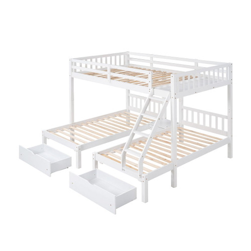 Full Over Twin & Twin Triple Bunk Bed With Drawers And Guardrails - White