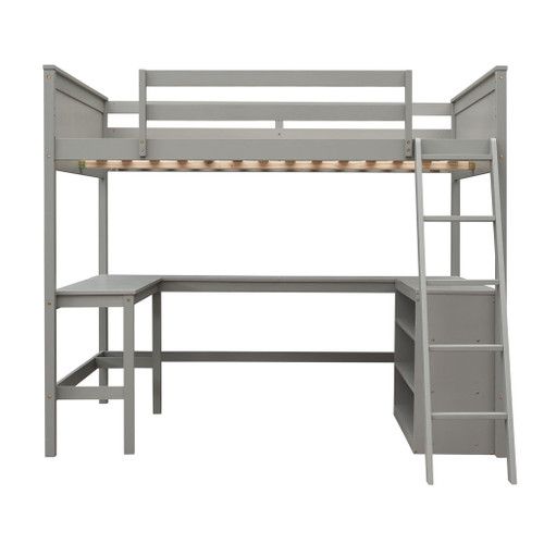 Full Size Loft Bed With Shelves With Desk - Gray