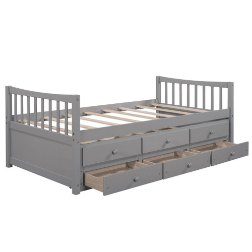 Twin Size Daybed With Trundle And Drawers - Gray