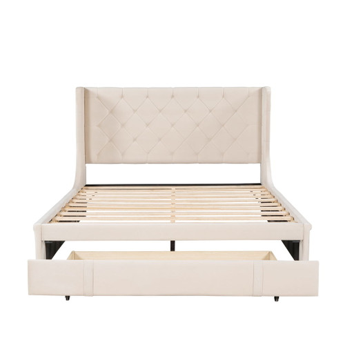 Queen Size Storage Upholstered Platform Bed With Wingback Headboard And A Big Drawer - Beige