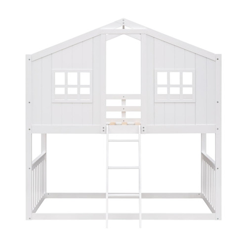 Twin Over Twin House Bunk Bed With Ladder - White