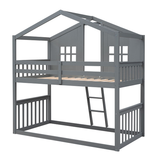 Twin Over Twin House Bunk Bed With Ladder - Gray