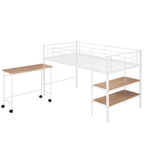 Twin Size Loft Bed With Desk And Shelves - White