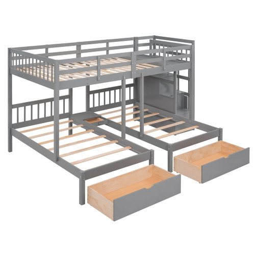 Full Over Twin & Twin Classic Triple Bunk Bed With Drawers And Guardrails - Gray