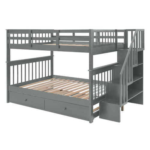 Full Over Full Stairway Bunk Bed With Twin Size Trundle, Storage And Guard Rail For Bedroom - Gray