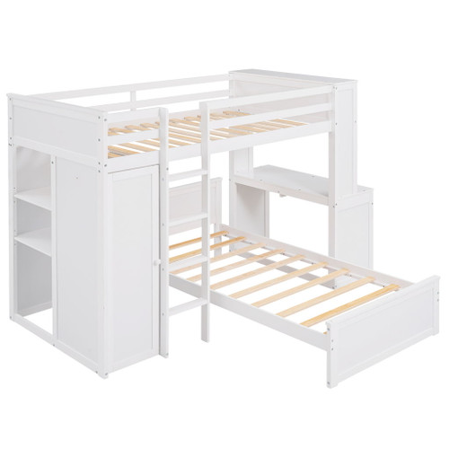Twin Size Loft Bed With A Stand Alone Bed, Shelves, Desk, And Wardrobe - White