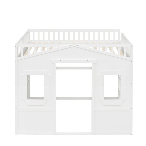 Full Size House Loft Bed With Ladder - White