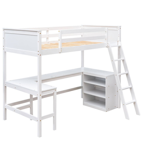 Twin Size Loft Bed With Shelves With Desk - White