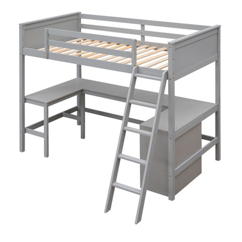 Twin Size Loft Bed With Shelves With Desk - Gray