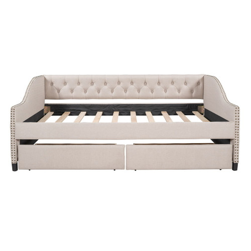 Full Size Upholstered Daybed With Two Drawers, Slat Support - Beige