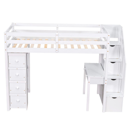 Twin Size Loft Bed With Storage Drawers, Desk And Stairs With Shelves - White
