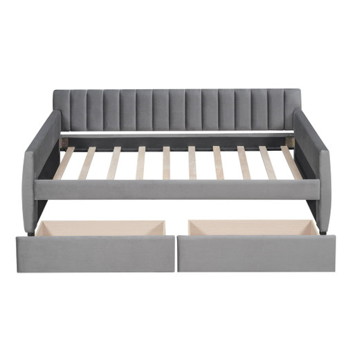 Twin Size Upholstered Daybed & Drawers, Slat Support - Gray
