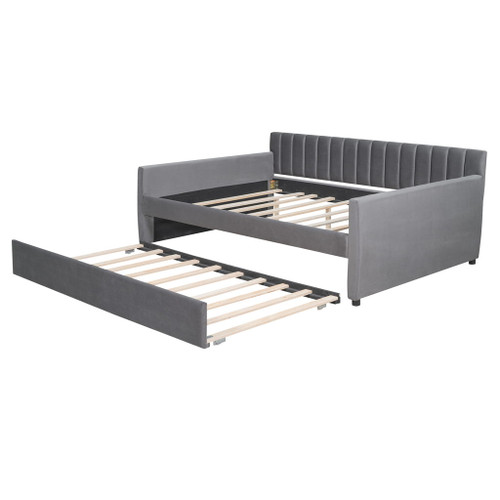 Full Size Upholstered Daybed With Trundle And Slat Support - Gray