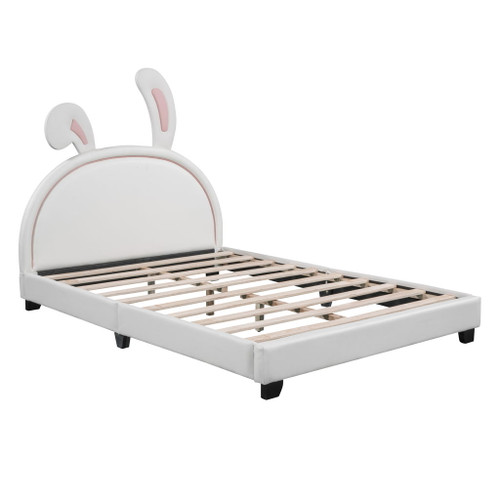Full Size Upholstered Leather Platform Bed With Rabbit Ornament - White
