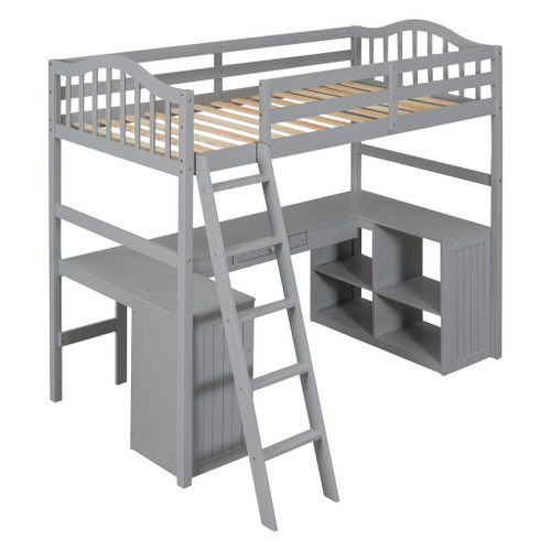 Twin Size Loft Bed With Drawers, Cabinet, Shelves With Desk - Gray