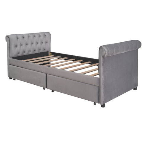 Twin Size Upholstered Daybed With Drawers, Slat Support - Gray