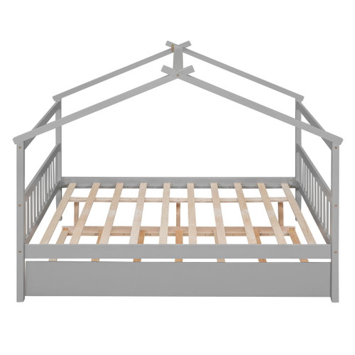 Full Size House Classic Bed With Twin Size Trundle - Gray