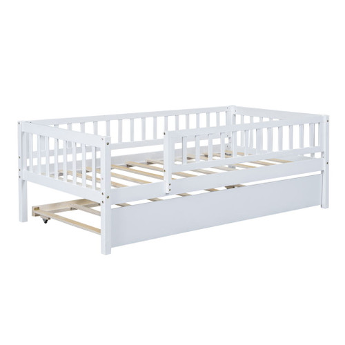 Twin Size Daybed With Trundle And Fence Guardrails - White