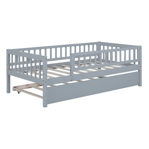 Twin Size Daybed With Trundle And Fence Guardrails - Gray