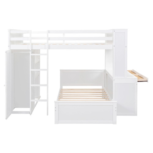 Full Size Loft Bed With A Twin Size Stand Alone Bed, Shelves, Desk, And Wardrobe - White