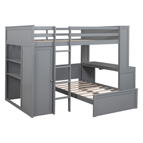 Full Size Loft Bed With A Twin Size Standalone Bed, Shelves, Desk, And Wardrobe - Gray