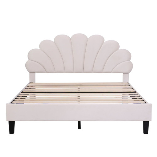 Queen Size Upholstered Platform Bed With Flower Pattern Headboard - Beige