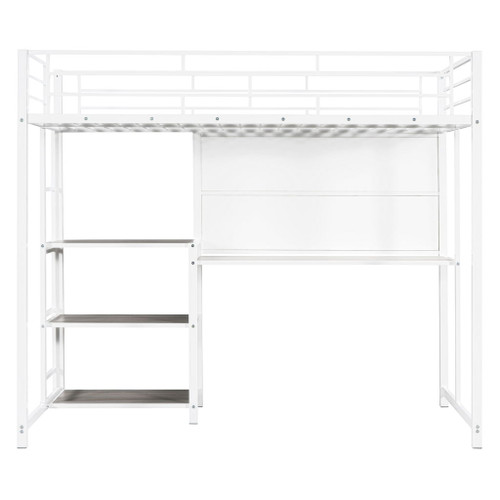Twin Size Loft Bed With Desk And Whiteboard, Loft Bed With 3 Shelves And Ladder - White