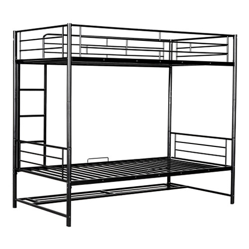 Twin Over Twin Bunk Bed With Shelf And Guardrails - Black