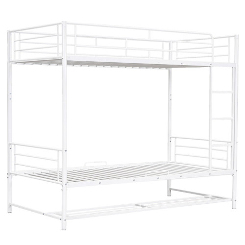 Twin Over Twin Bunk Bed With Shelf And Guardrails - White