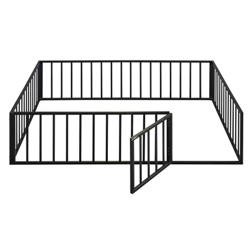 Queen Size Floor Bed Frame With Fence And Door - Black