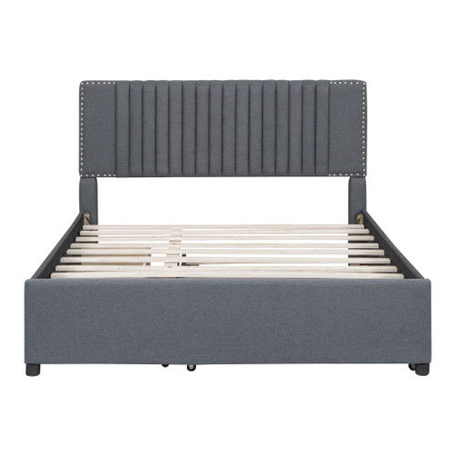 Queen Size Upholstered Platform Bed With 2 Drawers And 1 Twin Long Trundle, Classic Headboard Design - Gray