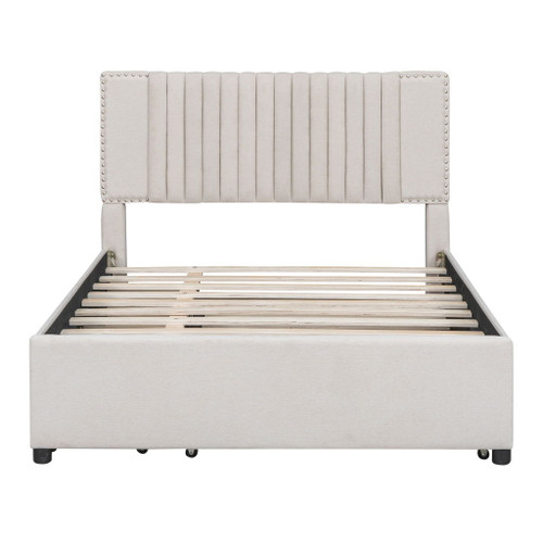 Full Size Upholstered Platform Bed With 2 Drawers And 1 Twin Size Trundle, Classic Headboard Design - Beige