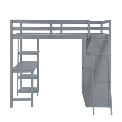 Full Size Loft Bed With Wardrobe And Desk And Shelves - Gray