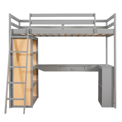 Twin Size Loft Bed With Ladder, Shelves, And Desk - Gray