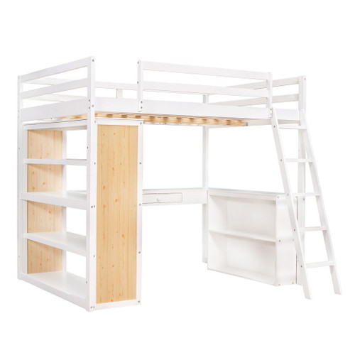 Full Size Loft Bed With Ladder, Shelves, And Desk - White